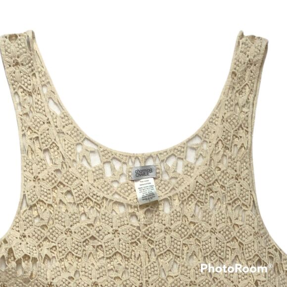 Charming Charlie Beige Sheer Lace Embroidered Tank Top Size Small Boho Feminine - Picture 4 of 9